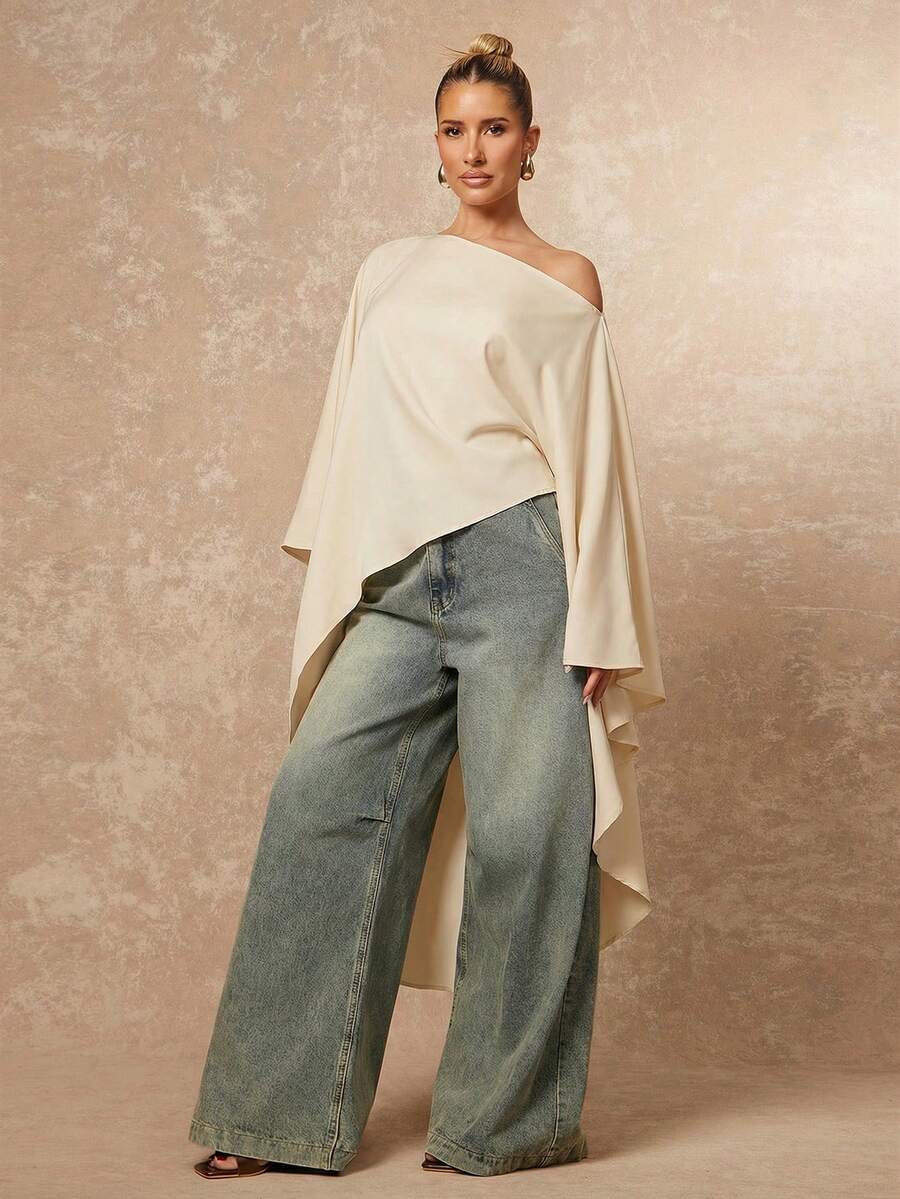 Lumalex 新款秋季/优雅休闲女式纯色不对称下摆宽松长袖上衣白色上衣，适合奢华舞会、聚会、宴会、低调奢华、闪亮节日派对、锐舞节、郊游、度假、户外度假、婚礼季、宴会派对、新年亮片装扮、派对盛宴、情人节约会等场合，适合春夏穿着，是春季女装的理想之选。 - 杏色 - 查看 1