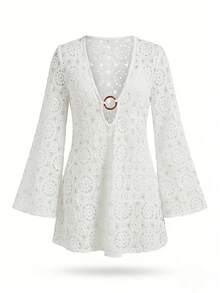 Bonvoyette Áo choàng đi biển tay dài cổ chữ V khoét sâu ren màu trơn dành cho nữ - trắng - Xem 7