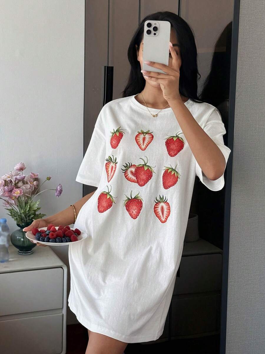 Livesso Strawberry Print Loose Fit Short T-Shirt Style Women Summer Nightgown - White - View 1