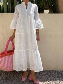 DAZY Casual Vacation Style Lace White Dress, Spring & Summer Sun Dresses For Women - Ivory White - View 3