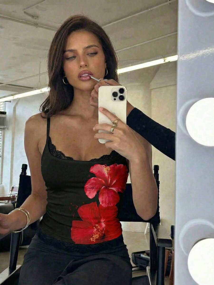 Aloruh 女士性感休闲Y2K芙蓉花蕾丝拼接吊带背心，夏威夷印花背心，度假吊带背心，夏季海滩度假装，女士夏季上衣 - 白色 - 查看 1