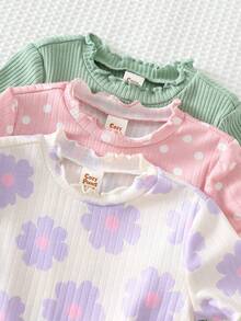 Cozy Pixies Baby Girl 3-Piece Set: Floral & Striped Knit Soft Round Neck Short Sleeve Romper & Shorts - Multicolor - View 3