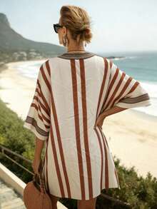 Louniche 女士夏季沙滩度假条纹V领宽松连衣裙 - 彩色 - 查看 2