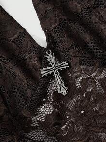 ROMWE Gothic Cross Decor Lace Halter Neck Top For Women - Coffee Brown - View 3