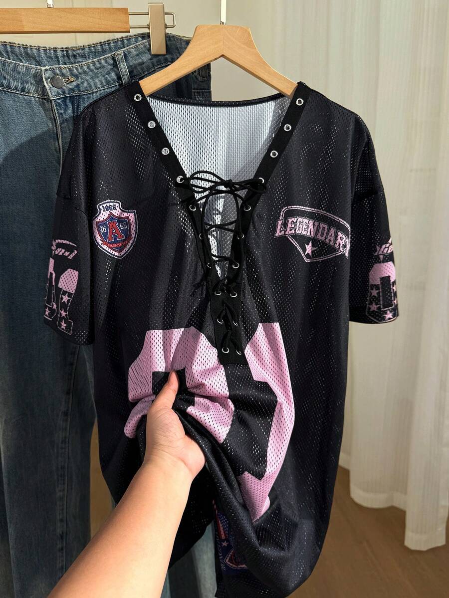 Muchica Plus Size Drawstring Graphic Tee, Loose Fit Black T-Shirt,Back To School - Multicolor - View 1