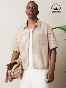SUMWON Oversized Short Sleeve Button Down Vertical Striped Shirt With Point Collar For Casual Summer Style - Khaki - View 1