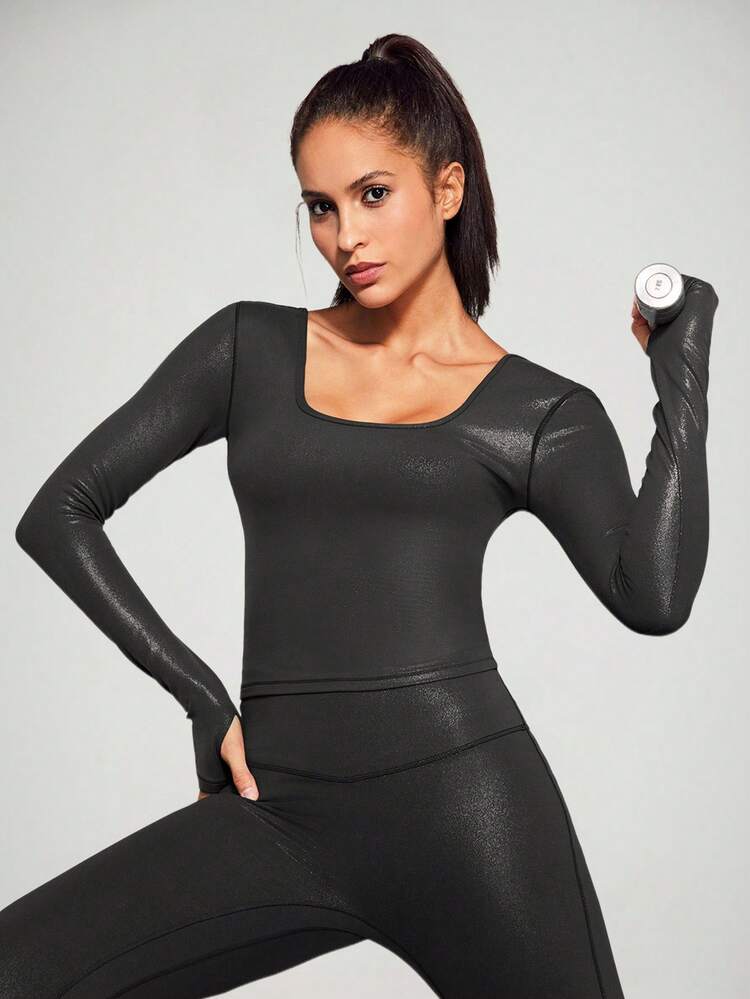 Foiled Leather Effect Slimfit Square Neck Long sleeve Shirt Active Top With Thumbhole