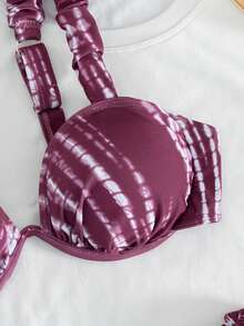 Breezaya Conjunto de bikini con tirantes plisados y aros, con diseño de fruncido lateral y estampado floral rojo vino, adecuado para vacaciones en la playa - Multicolor - Ver 6