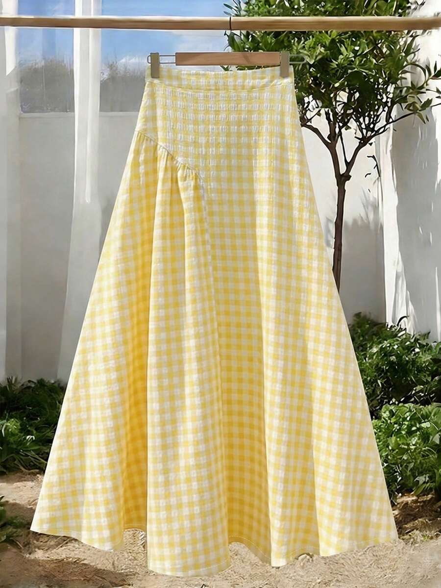 GlowEve CURVE Plus Size Gingham High Waist Flare Skirt, Stylish Design For Spring Fall - Yellow - View 1