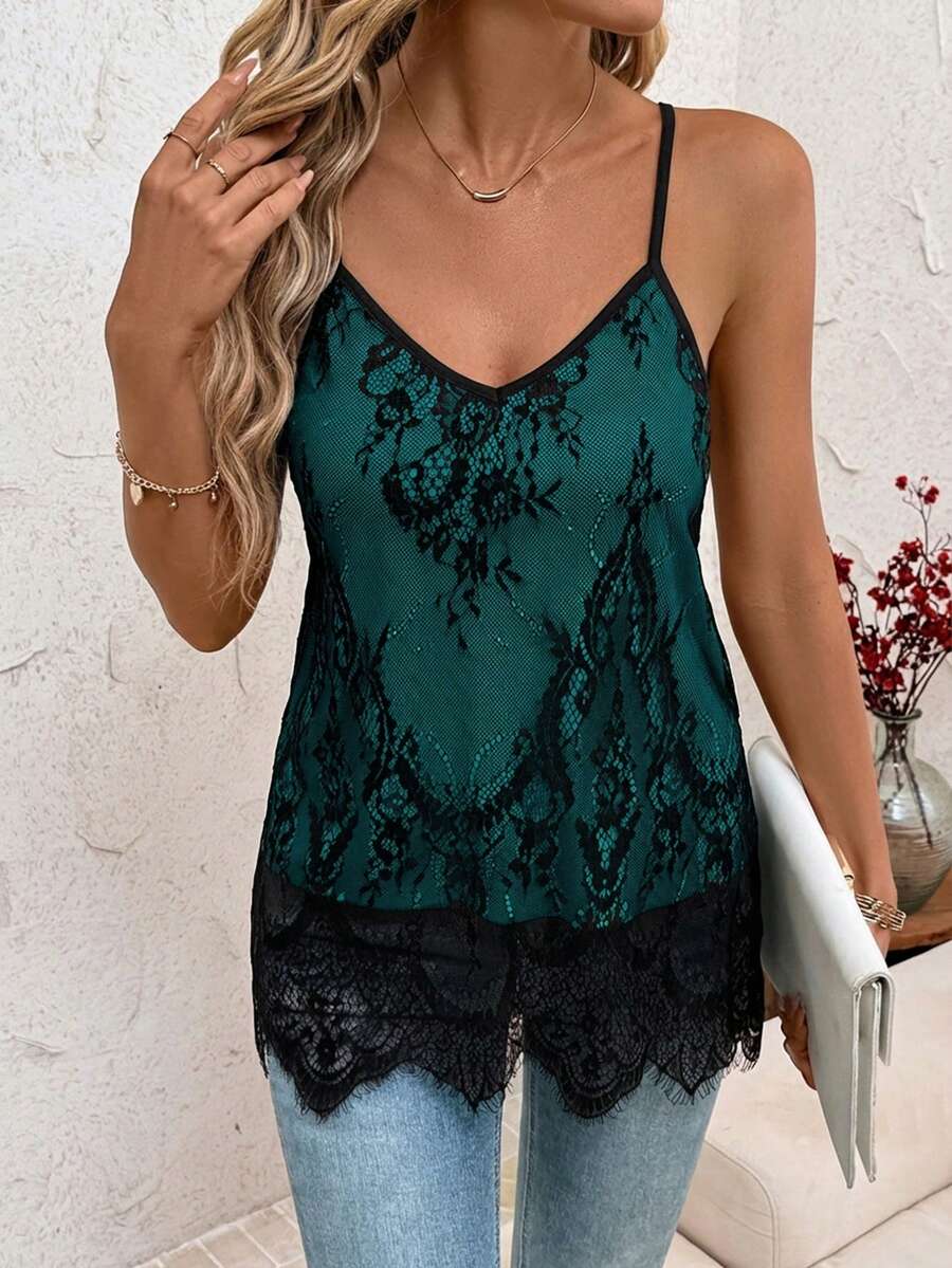 SHEIN Clasi Elegant Sexy Black Lace Camisole For Women,Summer Top - Teal Blue - View 1