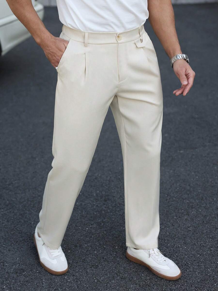 Manfinity Mode Men's Solid Color Pleated Straight Leg Business Casual Pants - Beige - View 1