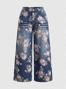 ROMWE Fairycore Vintage Floral Print Washed Plus Size Women Loose Wide Leg Jeans - Blue - View 1