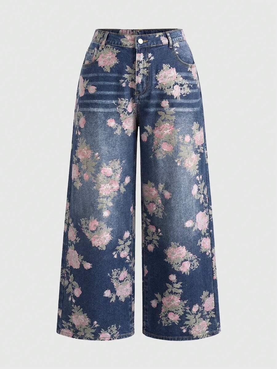 ROMWE Fairycore Vintage Floral Print Washed Plus Size Women Loose Wide Leg Jeans - Blue - View 1