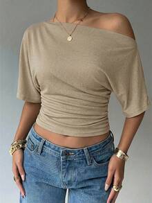 Aloruh Áo kiểu dáng rộng rãi, lệch vai, thắt eo, áo thun cơ bản tối giản. - Màu Khaki - Xem 8