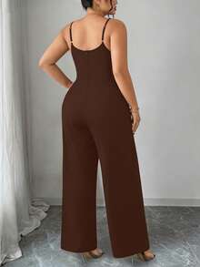 SHEIN Elenzya Bộ áo liền quần nữ cỡ lớn màu trơn, kiểu dáng thường ngày, có dây đeo eo. - màu nâu - Xem 2