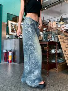 DAZY 女士休闲水洗宽松牛仔裤 - 藍色 - 查看 4