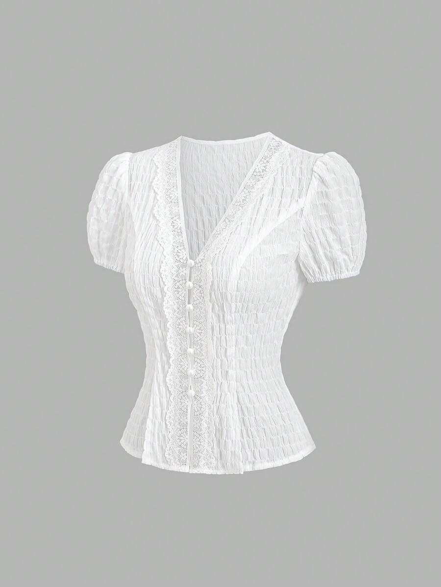 SHEIN Sweetro Áo kiểu nữ mùa Xuân/Hè mới, thiết kế thanh lịch, màu xanh kẻ caro, chất liệu retro, tối giản, dáng ôm. - trắng - Xem 1