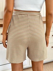 SHEIN Quần short bầu dáng casual kẻ sọc, cạp chun điều chỉnh được. - Màu Khaki - Xem 2