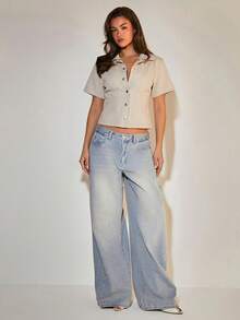 COSMINA Áo sơ mi denim nữ, áo sơ mi denim tay ngắn, áo denim màu xám, trang phục denim thường ngày. - Xám - Xem 4