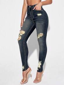SHEIN Essnce High Waist Ripped Skinny Jeans - Dark Wash - View 4