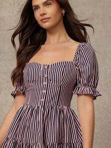 WESTFADE Vestido mini a rayas con botones delanteros - Morado - Ver 2