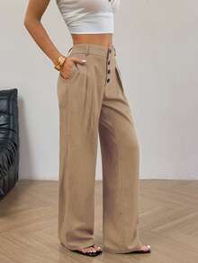 SHEIN Unity 女士纯色褶裥休闲百搭阔腿裤，适合日常穿着 - 駝色 - 查看 5