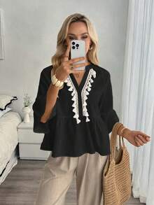 Louniche Blusa de lino de unicolor con cuello en V y cordón con flecos para mujer, ideal para vacaciones - Negro - Ver 3