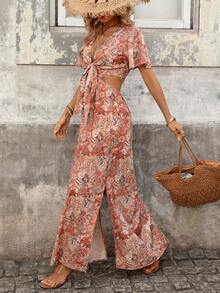 Brillora Đầm nữ in hoa, thắt nơ phía trước, tay bồng, xẻ tà, kiểu dáng đi nghỉ mát. - Màu Khaki - Xem 5