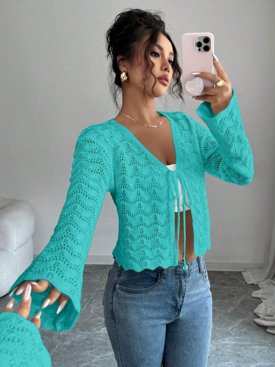 Elenzga Cárdigan elegante de punto con nudo delantero y calado para mujer - verde menta - Ver 1
