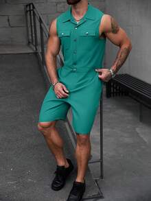 Manfinity Homme Bộ áo liền quần ngắn tay màu xanh lá cây dành cho nam, kiểu dáng thường ngày, thích hợp cho mùa xuân/hè. - màu xanh lá - Xem 5