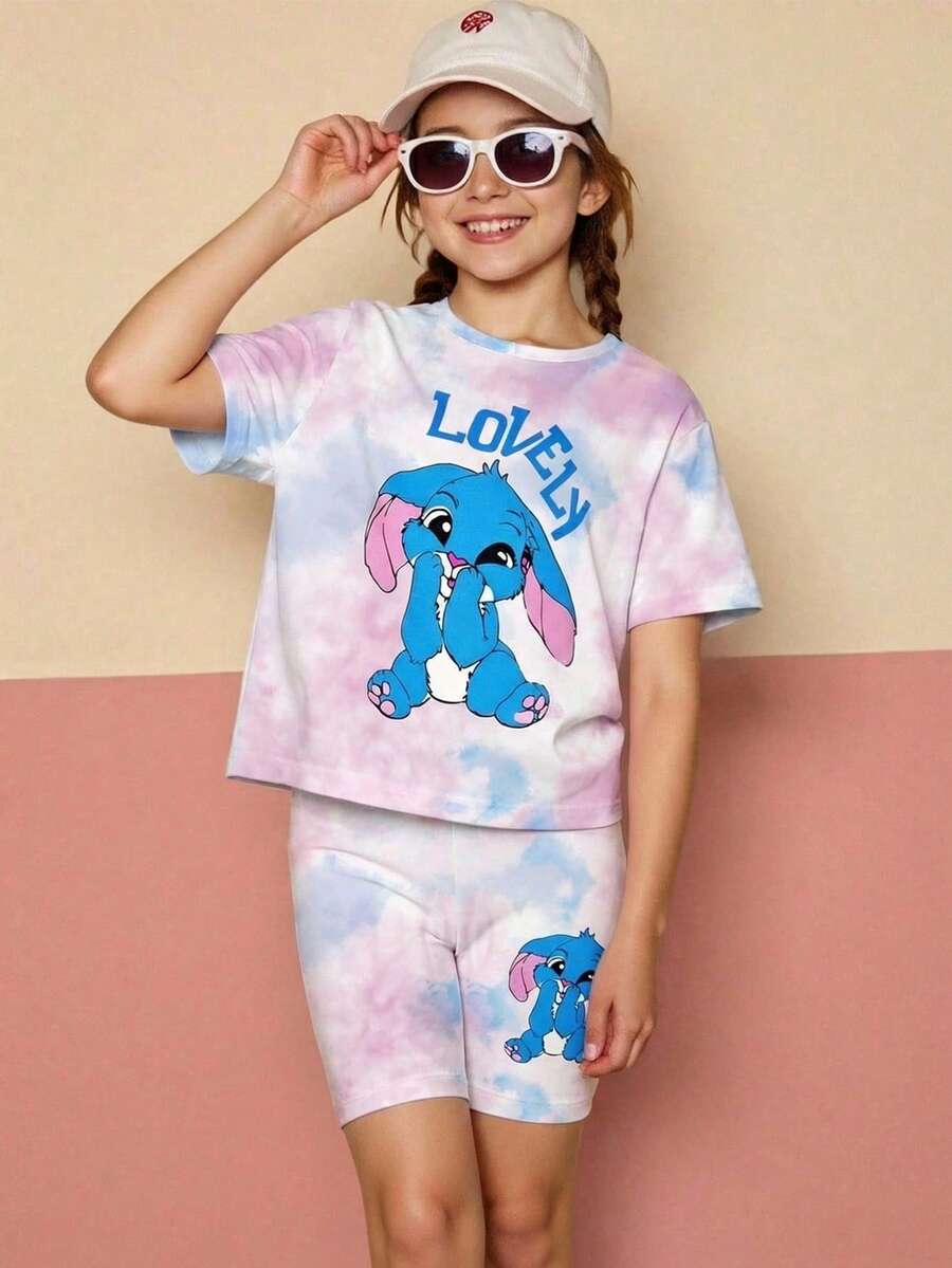 SHEIN Explorewe Girls' Knitted Digital Print Cute Cartoon Tie-Dye Top And Pants 2 Pieces Set,Lavender Summer Vacation Comfortable Skin-Friendly Fabric Daily Wear - Pink - View 1