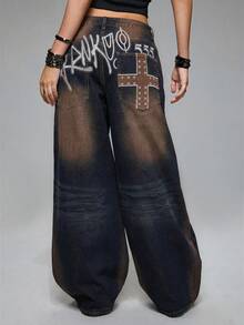 ROMWE Grunge Punk Y2K Baddie Chic Letter & Cross Embroidery Distressed Loose Wide Leg Low Waist Jeans For Women - Dark Wash - View 2