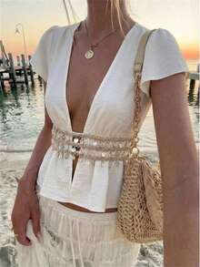 Aloruh 女士性感开襟纯色流苏装饰音乐节衬衫 - 杏色 - 查看 2