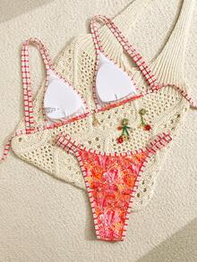 Swim Vcay Conjunto de bikini de playa con diseño de volantes florales estampados y a rayas, de moda y para primavera/verano - Multicolor - Ver 2