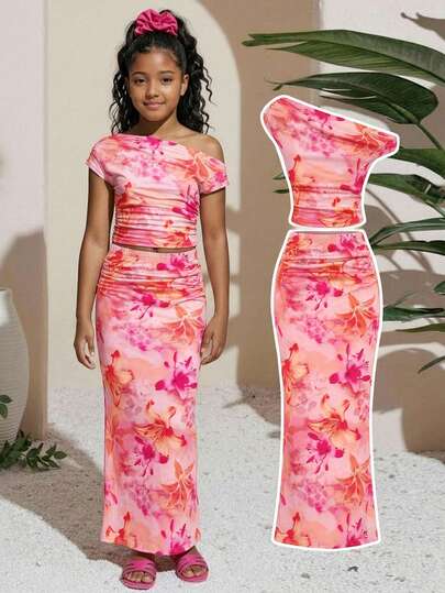 Tween Girl Floral Print Asymmetric Ruched Fitted Two Pieces Set, Casual Pink Skirt Outfit Suitable For Summer, Vacation, Valentine's Day Mothers Day Outfit Graduation Sets