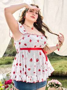 ROMWE Kawaii Spring / Summer Plus Size Women's Cute "Doll Shirt" Strawberry Print, Contrast Lace, Vacation Vibe, Suitable For Spring/Summer Valentine's Day - Pink - View 6