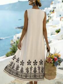 Linhara CURVE Vacation Summer Round Neck Bohemian Sleeveless Digital Print Place Large Size Dress - Apricot - View 2