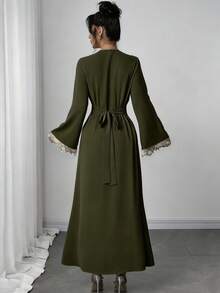Rafferiza Bata holgada de mujer con cuello en V y volantes, manga larga, estilo abaya turca, kaftan árabe - Verde militar - Ver 2