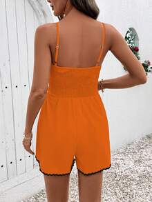 Breezaya Burnt Orange Casual Jumpsuit,Summer Boho Elegant Beach Vacation Holiday,Spaghetti Strap Contrast Color Lace Patchwork Beach Outfit For Women - Coral Orange - View 2