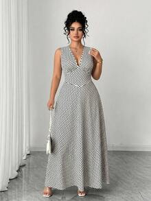 Elenzga 大码女式极简针织吊带背心，棕色底白色波点数码印花长裙 - 黑與白 - 查看 5