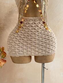 Soleia Đầm len nữ kiểu dáng khoét rỗng, đính tua rua và sequin. - Màu Khaki - Xem 5