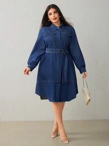 Selenza Plus Size Women's Fashion Denim Belted Dress Winter New Year - Dark Wash - View 8