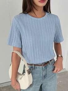 Livesso 女士夏季圆领短袖蕾丝拼接休闲套头T恤 - 藍色 - 查看 2