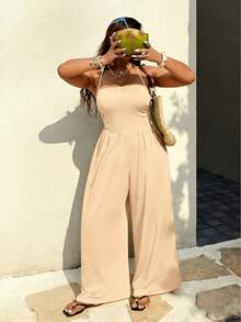 Sunnyshic Bộ jumpsuit ống rộng cạp cao hở vai, không dây, ôm sát, không dây vai, kiểu dáng casual, tôn dáng, dành cho người có thân hình mũm mĩm, thích hợp cho mùa xuân/hè. - Màu be - Xem 6
