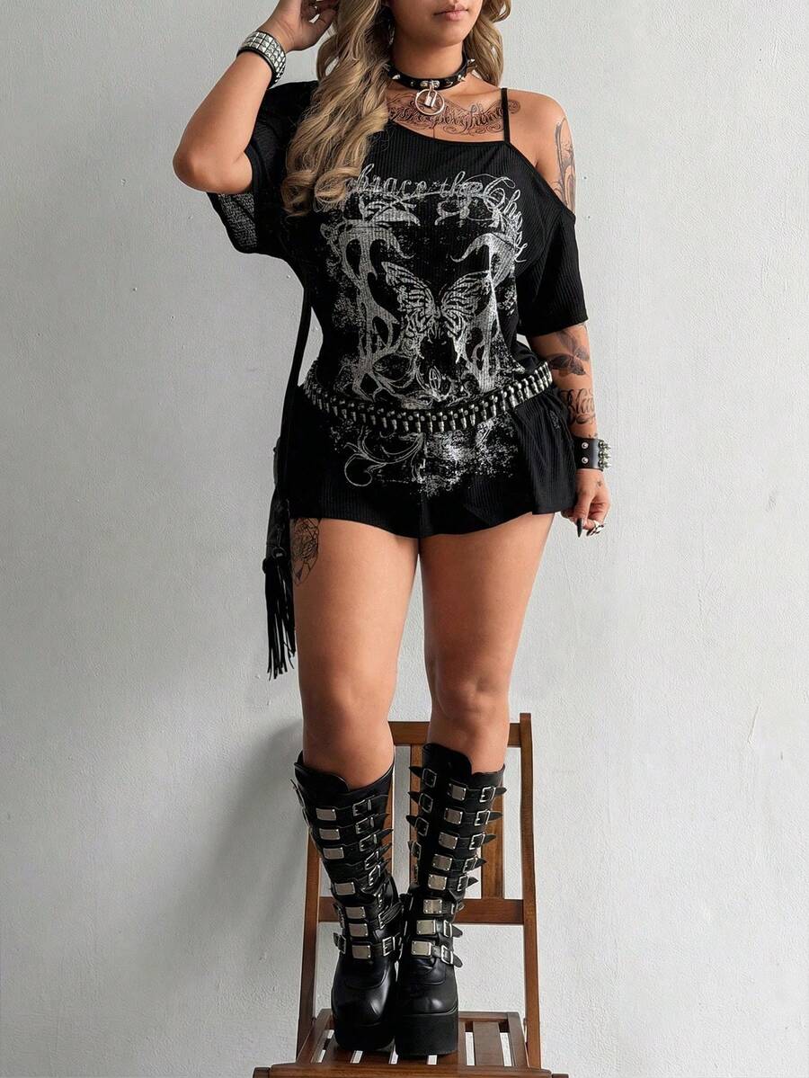 Whyspr Áo thun nữ cỡ lớn mùa xuân/hè cổ tròn, vai rớt, cổ áo bất đối xứng, chất liệu dệt kim có họa tiết, hơi xuyên thấu, in họa tiết, thanh lịch, cổ điển, thường ngày, phong cách punk cá tính. - màu đen - Xem 1