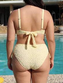 Swim Mod Plus Size European And American Steel Framed Gather Swimwear Set, Soft Cup Bikini With Jacquard Texture In Light Yellow - Yellow - View 3