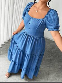 SHEIN Elenzya 大码褶皱纹理面料圆领肩部褶裥荷叶边腰部喇叭下摆中长连衣裙，优雅适合外出、派对、下午茶、度假等场合。 - 藍色 - 查看 6