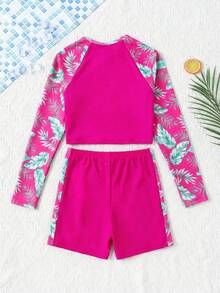 SHEIN Tween Girl Raglan Sleeve Tropical Plant Print Top And Shorts Swimsuit Set - Hot Pink - View 2