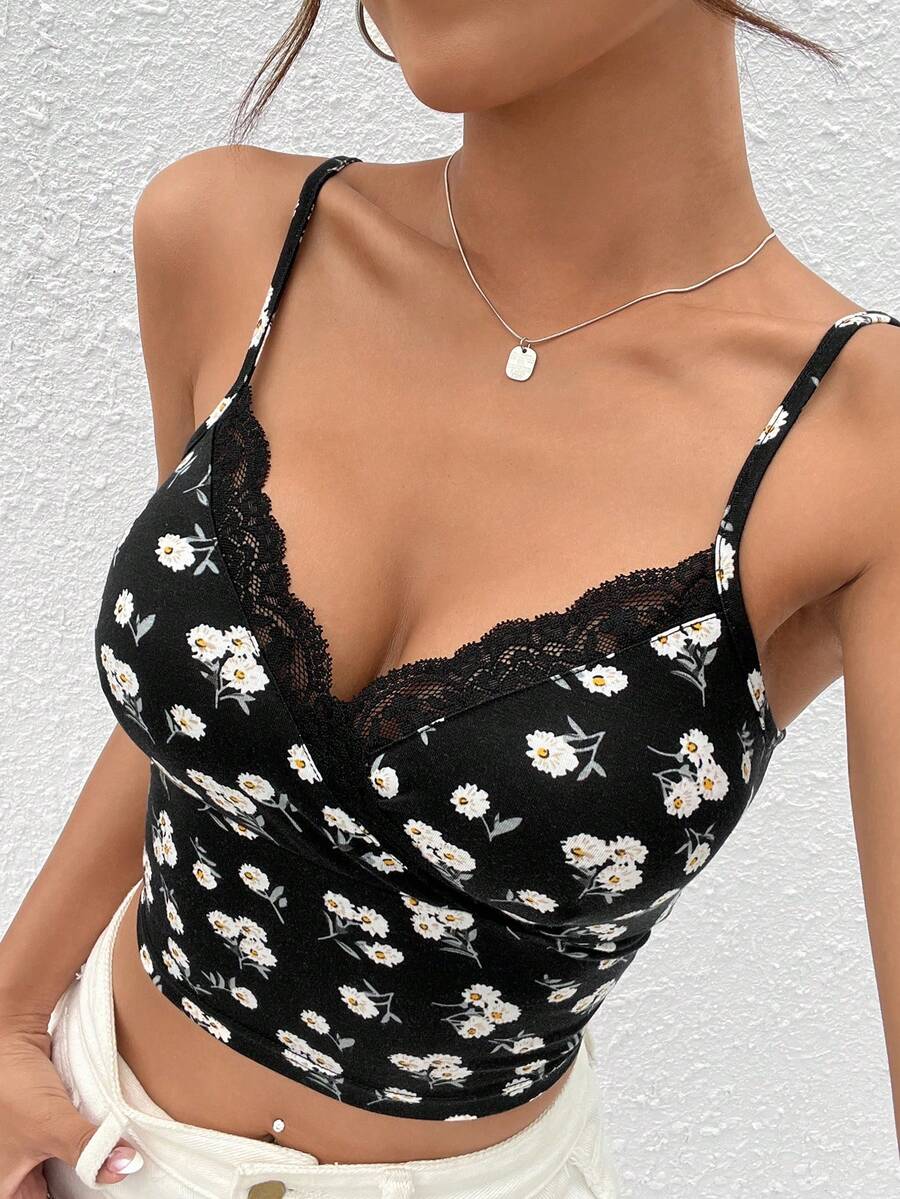 SHEIN EZwear Summer Going Out Black Floral Print Lace Trim Sexy Cami Top - Black - View 1