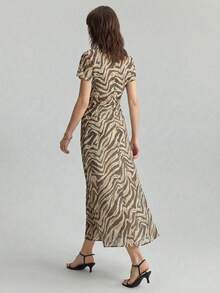 Ontre 女士春夏连衣裙，女士舒适休闲装，女装，优雅都市风，印花连衣裙，斑马纹，短袖，圆领，女士长裙，商务休闲，喇叭裙，春夏服装，2025新款 - 棕色 - 查看 5